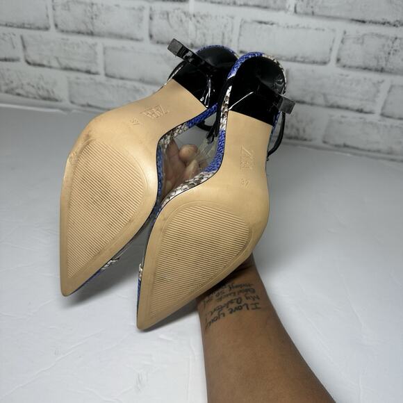 Zara Maximalist Snake Skin Vinyl Slingback Heels Yellow Blue Animal Print Sz 37 - Picture 8 of 8